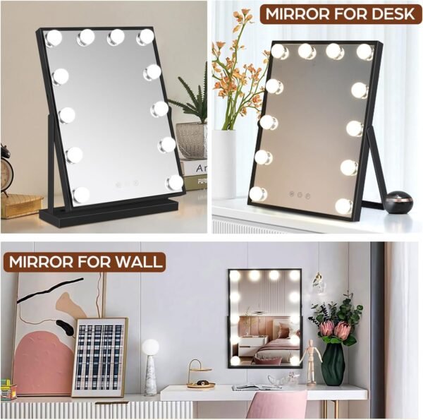 M MIVONDA Vanity Mirror with Lights, Black Lighted Makeup Mirror with 12 LED Bulbs for Desk and Wall, Dimmable 3 Lighting Modes, 360-degree Rotating with USB-C and Charger (16”x12”) - Image 2