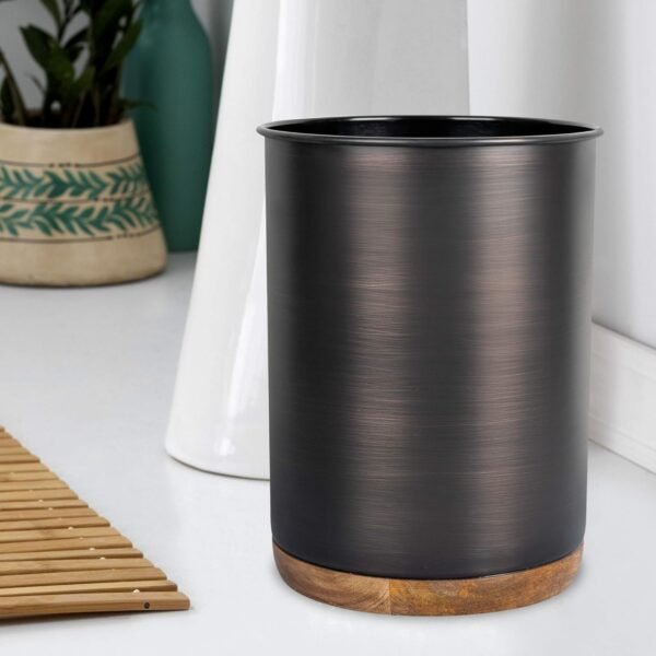 nu steel Salem Metal and Natural Wood Wastebasket, Small Round Plastic Vintage Trash Can for Bathroom, Bedroom, Dorm, College, Office, 8" x 8" x 11", Oil Rubbed Bronze - Image 3