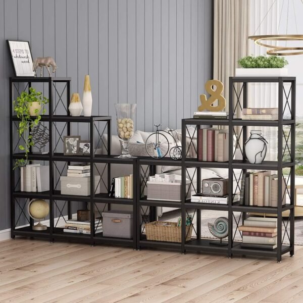 Tribesigns 12 Shelves Bookshelf, Industrial Ladder Corner Bookshelf 9 Cubes Stepped Etagere Bookcase, Rustic 5-Tier Display Shelf Storage Organizer for Home Office (Black) - Image 2