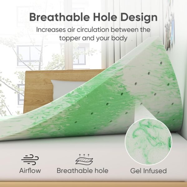 BedsPick Mattress Topper Twin XL, 3 Inch Gel Memory Foam Mattress Topper for College Dorm Room, CertiPUR-US Certified Mattress Pad for Twin XL Size Bed with Breathable Holes, Green - Image 5