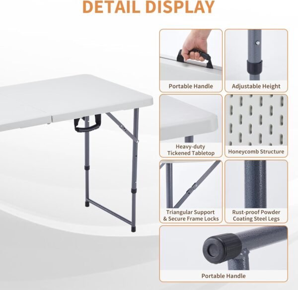 BOOSDEN 4 Foot Folding Table, Portable Rectangle Card Table, Indoor Outdoor Plastic Fold-in-Half Utility Table with Carrying Handle, Adjustable Height Foldable Table for Picnic,Party,Camping,Office - Image 3