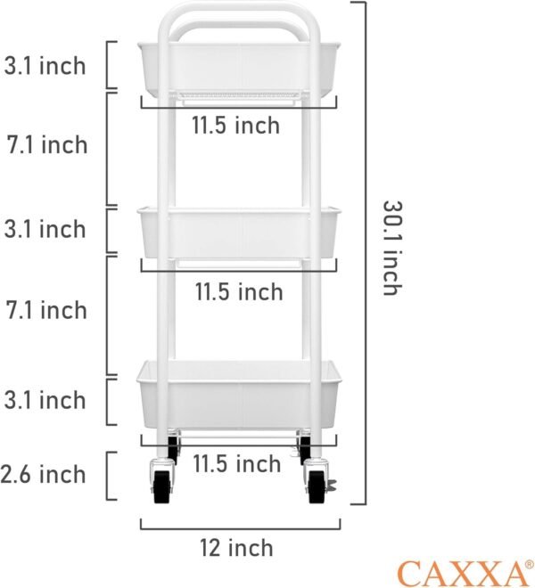 CAXXA 3-Tier Rolling Metal Storage Organizer - Mobile Utility Cart Kitchen Cart with Caster Wheels, White - Image 3