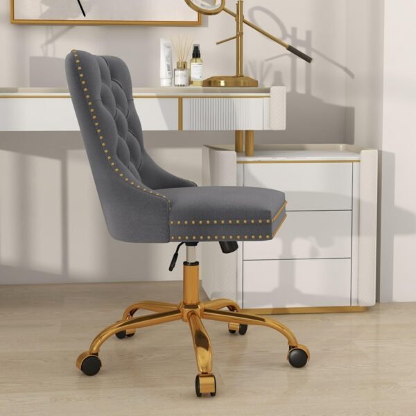 ABET Desk Chair with Wheels, Velvet Gold Office Chair Armless Swivel Chair with Tufted High Back Rivet Trim, Comfy Upholstered Ergonomic Computer Chair for Bedroom, Study, Reception Room Grey - Image 6
