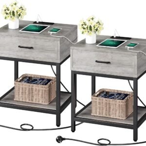 Set of 2 Grey Nightstands with Charging Station, End Tables Living Room with Drawer and Shelf, Bedside Table with USB Port & Power Outlet for Bedroom College Dorm