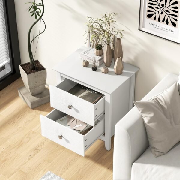 Giantex White Nightstand, Modern 2 Drawers Night Stand with Handles, Sofa Side Table with Sturdy Legs for Small Spaces, College Dorm, Kids’ Room, Wooden Bedside Table for Bedroom, White (1) - Image 6