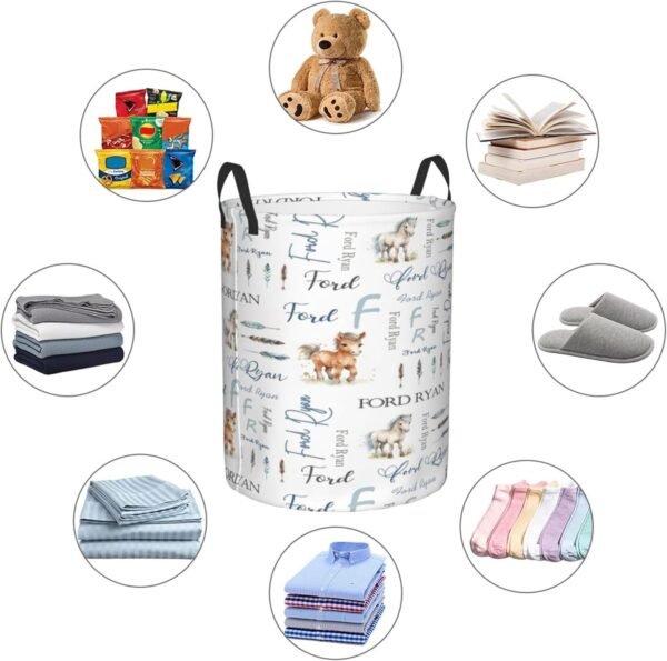 Personalized Horse Nursery Baby Hamper with Name Round Laundry Hamper Basket Baby Nursery Hamper Custom Organizers Collapsible Hamper for Boy Girl Baby Gift Baskets - Image 4
