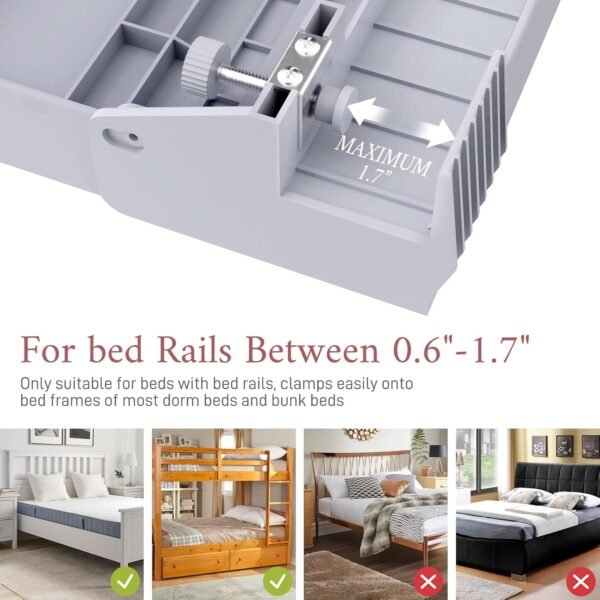 SOLEJAZZ Bedside Shelf for Bed, Folding Bunk Bed Shelf for Top Bunk Clip On Nightstand College Dorm Room Essential Table Caddy Bedside Night Stand Shelf with Hooks, Cup & Cord Holder, Plus Size, Grey - Image 2