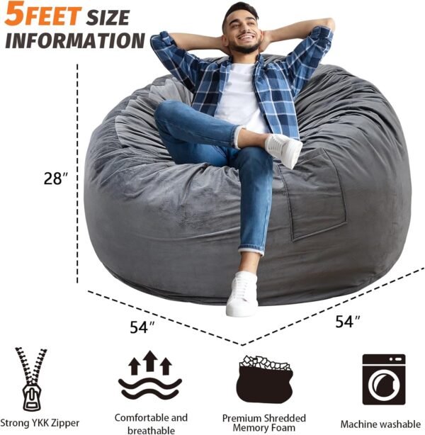 Bean Bag Chair for Adults - BeanBag Chairs with Soft Cover - Furniture Round Fluffy Couch Sofa for Living Room Lounge Bedroom College Dorm - Gifts for Gaming Reading Relaxing 5 Feet, Charcoal - Image 3