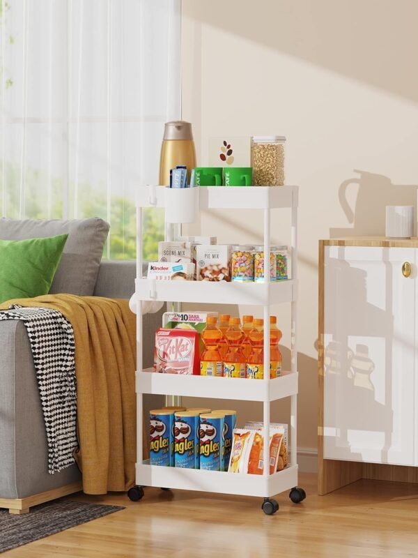 LEHOM Slim Rolling Storage Cart - 4 Tiers Bathroom Organizer Utility Cart Slide Out Storage Shelves Mobile Shelving Unit for Kitchen, Bedroom, Office, Laundry Room, Small Narrow Spaces (Pear White) - Image 4