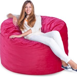 3FT Bean Bag Chairs for Adults with Filling,Big BeanBag Chair with Pocket&Handle,Memory Foam Bean Bags with Velvet Cover for Living Room Bedroom (Pink)