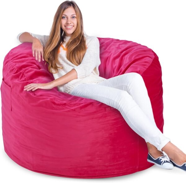 3FT Bean Bag Chairs for Adults with Filling,Big BeanBag Chair with Pocket&Handle,Memory Foam Bean Bags with Velvet Cover for Living Room Bedroom (Pink)