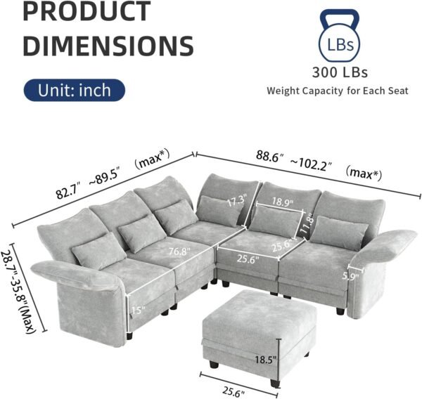LLappuil L Shaped Modular Sectional Sofa 6 Seater Sectional Couch with Storage Chaise, Deep Sectional Sofas for Living Room with Adjustable Armrest/Backrest, Chenille, Grey - Image 9