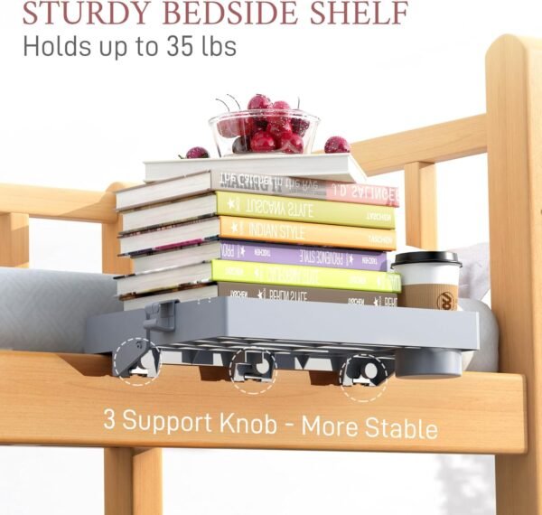 SOLEJAZZ Bedside Shelf for Bed, Folding Bunk Bed Shelf for Top Bunk Clip On Nightstand College Dorm Room Essential Table Caddy Bedside Night Stand Shelf with Hooks, Cup & Cord Holder, Plus Size, Grey - Image 5