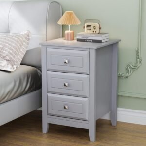 Bonnlo Gray Nightstand with 3 Drawers, Modern Night Stand for Bedroom with Metal Knobs, Wooden Bedside Table, Grey Side Table/Night Stand for Small Spaces, College Dorm, Kids’ Room, Living Room