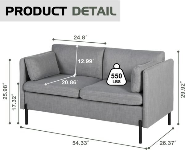 LINLUX Grey Fabric Loveseat Sofa Couch for Living Room, 55''W, 2 Pillows and Iron Legs, Mid Century Modern Design, Suitable for Small Spaces - Image 2