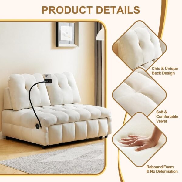48" Pull Out Sofa Bed, Modern Convertible Sofa Bed Couch with Removale Back, Velvet Cloud Sofa with USB Port and Swivel Phone Stand, Suitable for Living Room, Apartment, Small Place - Beige - Image 5