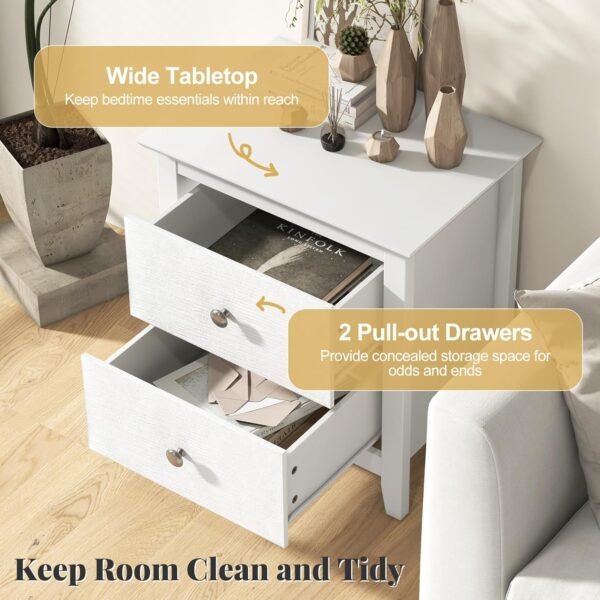 Giantex White Nightstand, Modern 2 Drawers Night Stand with Handles, Sofa Side Table with Sturdy Legs for Small Spaces, College Dorm, Kids’ Room, Wooden Bedside Table for Bedroom, White (1) - Image 4