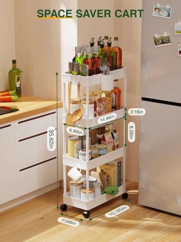 LEHOM Slim Rolling Storage Cart - 4 Tiers Bathroom Organizer Utility Cart Slide Out Storage Shelves Mobile Shelving Unit for Kitchen, Bedroom, Office, Laundry Room, Small Narrow Spaces (Pear White) - Image 3