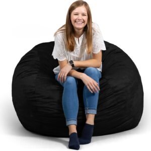 Big Joe Fuf Large Foam Filled Bean Bag Chair with Removable Cover, Black Plush, Soft Polyester, 4 feet Big