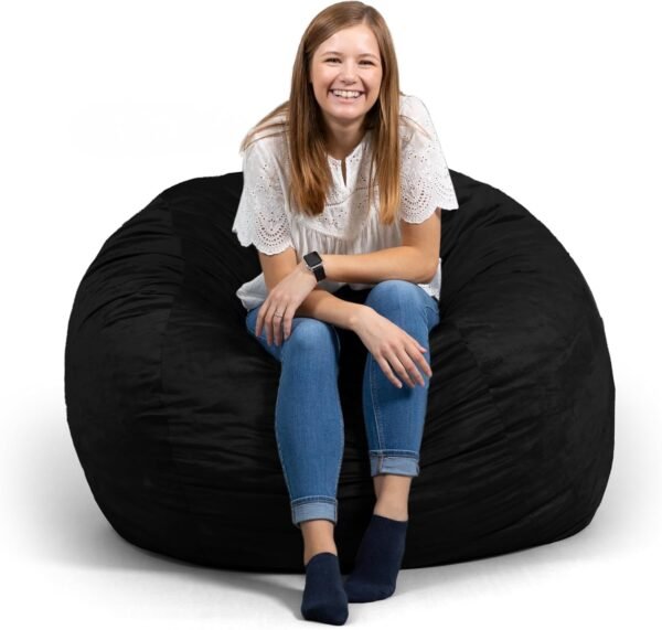 Big Joe Fuf Large Foam Filled Bean Bag Chair with Removable Cover, Black Plush, Soft Polyester, 4 feet Big
