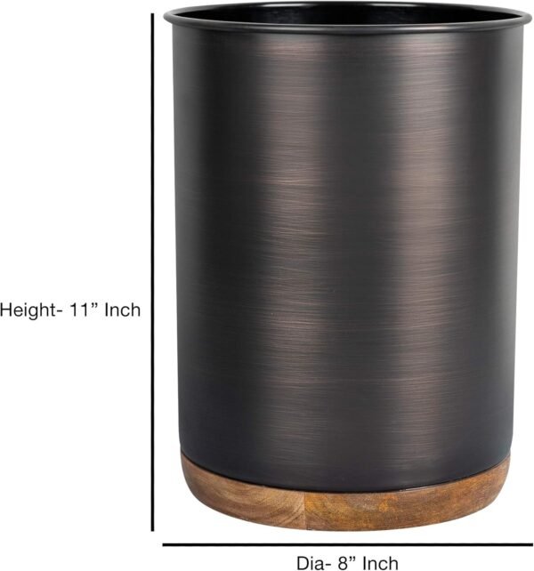 nu steel Salem Metal and Natural Wood Wastebasket, Small Round Plastic Vintage Trash Can for Bathroom, Bedroom, Dorm, College, Office, 8" x 8" x 11", Oil Rubbed Bronze - Image 2