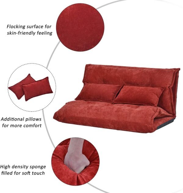 Knocbel Floor Gaming Sofa Chair Folding Mattress Bed Adjustable 5-Position Backrest Comfort Chaise Lounge with 2 Pillows (Red) - Image 3