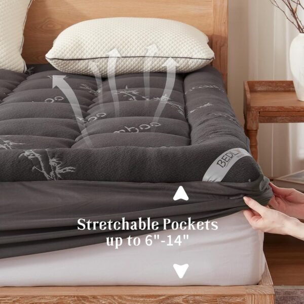 Twin XL Mattress Topper Viscose Derived from Bamboo, Thick Pillow Top Mattress Pad with Deep Pockets for 6-14 inches Mattress, Soft Mattress Topper College Dorm Size for Back Pain(Dark Gray) - Image 5