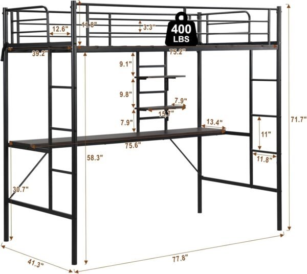 Twin Loft Bed with Desk,Metal Loft Bed with Desk with Storae Shelves,Metal Loft Bed Frame with Ladder & Guardrail for Teens Adults, Space-Saving, Noise Free,No Box Spring Required - Image 2