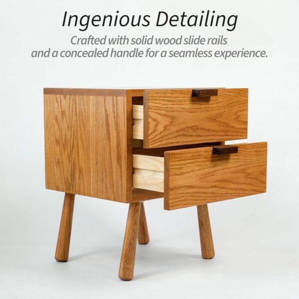 Night Stand, Mid Century Modern Nightstand w/2 Drawers, Cute Small Nightstand, Boho Nightstand, Solid Wood Bedroom Nightstand, Oak Bedside Table, 16.54 W x 15.75 D x 21.65 H Inches(Walnut) - Image 7