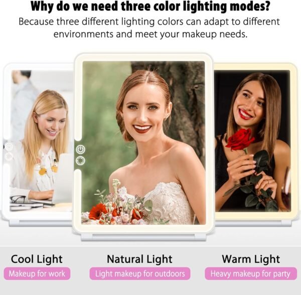 WEILY Portable Travel Mirror Makeup Mirror with 72 LED Lights, Touch Screen Three Colors Dimmable,Ultra Thin, 2000 mAh USB Rechargeable Foldable Cosmetic Mirror(White) - Image 3