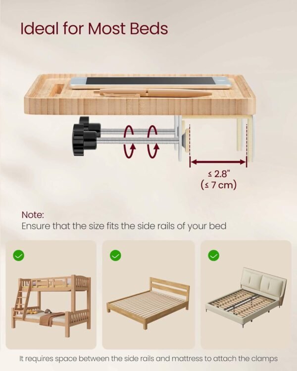VASAGLE Bedside Shelf for Top Bunk, College Dorm Room Essentials Clip On Nightstand Bedside Storage with Phone Slot, Cup Holder, Hook, Clamps, Dormitory, Loft Accessories, Natural Beige ULET301N03 - Image 5