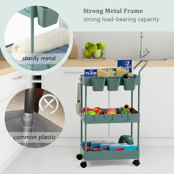 danpinera Storage Cart on Wheels, 3 Tier Bathroom Cart Organizer Slim Laundry Cart Narrow Shelf Cart with Wheels Dividers Hanging Cups Hooks Handle Easy Assembly, Green - Image 3