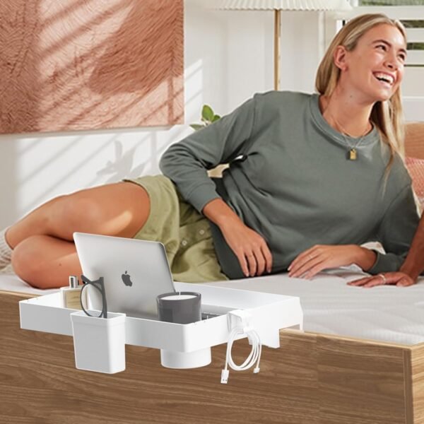 SPACEKEEPER Bedside Shelf for Bed, Foldable Bunk Bed Shelf Clip On Nightstand for Top Bunk College Dorm Room Essentials Floating Table Tray Bed Side Shelf Organizer, Plus Size, White - Image 7