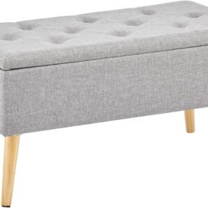 mDesign Rectangle Storage Bench Foot Rest Chair – Long Tufted Furniture Organizer and Seat with Wood Legs and Hinged Lid for Dorm, Living Room, Office, Closet, Vanity, Bedroom, or Table – Gray