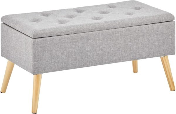 mDesign Rectangle Storage Bench Foot Rest Chair - Long Tufted Furniture Organizer and Seat with Wood Legs and Hinged Lid for Dorm, Living Room, Office, Closet, Vanity, Bedroom, or Table - Gray