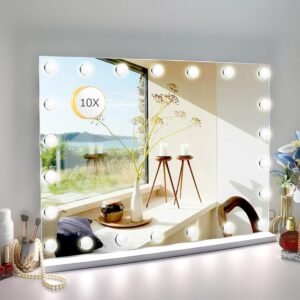 24.4″x 20.4″ Vanity Mirror Makeup Mirror with Lights,10X Large Hollywood Lighted Vanity Mirror with 22 Dimmable LED Bulbs,3 Color Modes,Touch Control for Bedroom,Tabletop or Wall-Mounted