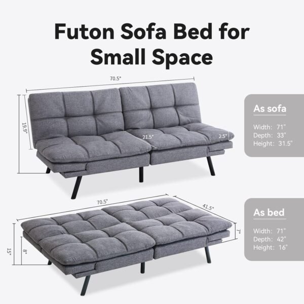 Opoiar Futon Sofa Bed Twin, Memory Foam Couch Bed with Mattress and Frame Included,Comfortable Grey Fabric Loveseat Sleeper Sofa for Dorm Apartment Office College Small Space Bedroom - Image 3