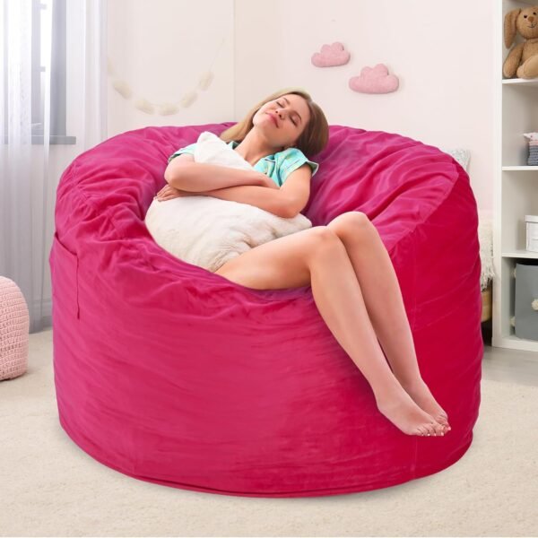 3FT Bean Bag Chairs for Adults with Filling,Big BeanBag Chair with Pocket&Handle,Memory Foam Bean Bags with Velvet Cover for Living Room Bedroom (Pink) - Image 5