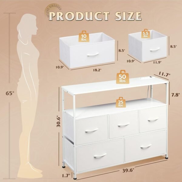 WLIVE White Dresser for Bedroom with 5 Fabric Drawers, Entertainment Center with Open Shelf and Power Outlet for 45 inch TV, Dresser TV Stand with Storage for Closet, Hallway, College Dorm - Image 5