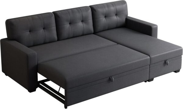82" L-Shape Convertible Sleeper Sectional Sofa with Storage Chaise and Pull-Out Bed,Upholstered Reversible Corner 3 Seater Couch with Button Tufted Backrest & Armrest,for Living Room,Dark Gray - Image 7