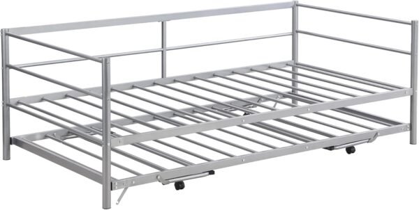 Twin Size Daybed with Foldable Adjustable Trundle,Multi-Function Wooden Bed Frame,w/Solid Metal Slats Provide Stable Support,for Dorm,Apartment,Studio,Office,Silver - Image 7