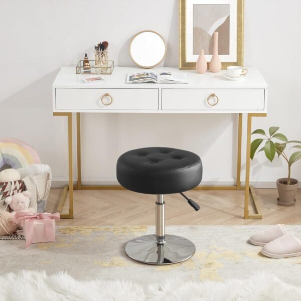 Black Vanity Chair for Makeup Room Vanity Stool for Makeup Room Round Tufted PU Leather Makeup Chair Vanity Stools for Bathroom Height Adjustable 360 Swivel - Image 3