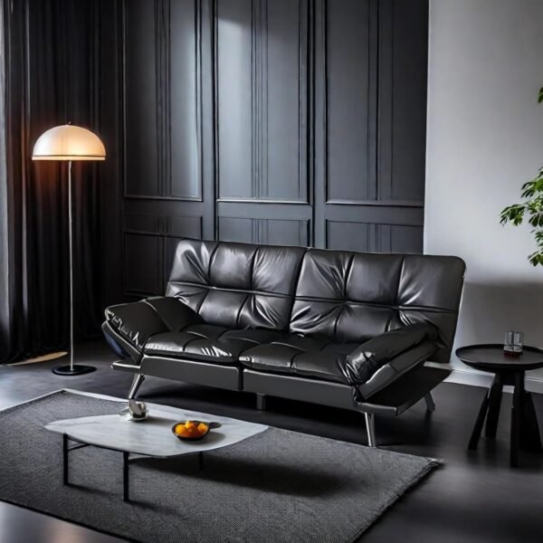 Futon Sofa Bed Convertible Sofa Bed, Loveseat Sleeper Sofa with Memory Foam Adjustable Backrest Design, 72" Leather Small Couch for Living Rooms, Apartment, Studio(Bright Black) - Image 7