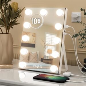 Hollywood Vanity Mirror, 11″x 14″ Hollywood Lighted Makeup Mirror with Detachable 10X Magnification & 11Dimmable 3 Colors Modes LED Bulbs, Touch Control,Type-C Charging Port, White