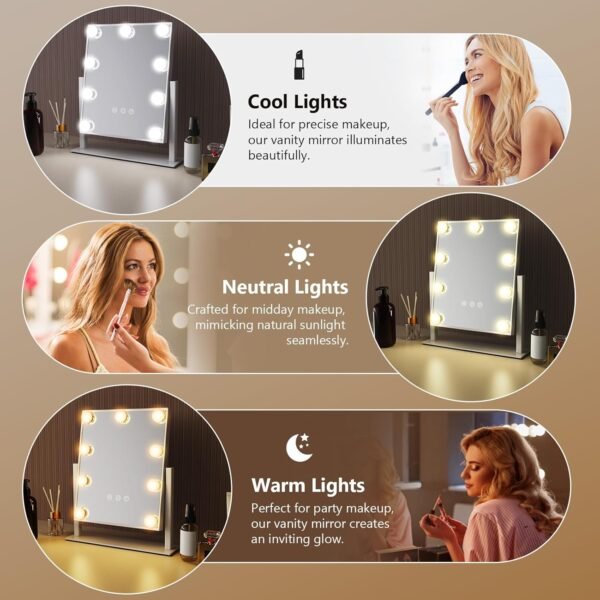 Hollywood Vanity Makeup Mirror with Lights - 9 LED Bulbs, Touch Control, 3 Colors Light, 360° Rotation, Light Up Vanity Mirror for Dressing Room & Bedroom - Image 2