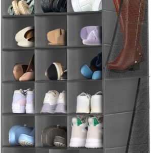 Hanging Shoe Organizer for Closet, Closet Hanging Shoe Storage Rack Holder Shelves,Collapsible Shoe Closet Organizers and Storage with 4 Large Side Pockets,25 Sections for Shoes,Hats,Clothes(Gray)