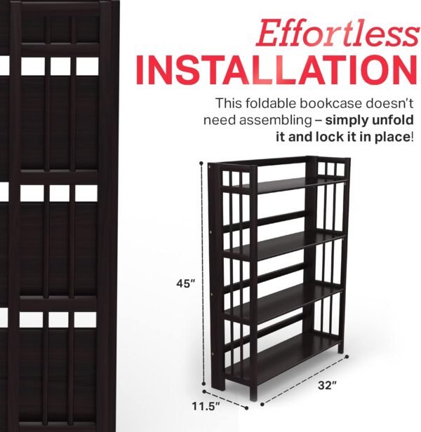 4-Tier Folding Bookshelf | Espresso Wood Finish | 45x32x11.5 Inches | Book Shelf for Books and Trinkets | No Assembly Required | Foldable & Small Bookshelf for Home and Office - Image 5
