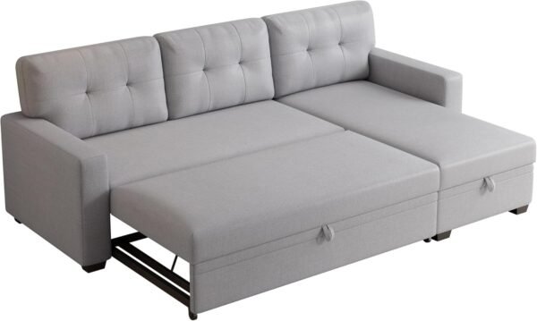 82" Sectional Sleeper Sofa with Storage Chaise & Pull-Out Bed,L-Shape Convertible 3 Seater Couch W/Tufted Backrest,Reversible Sleeper for Living Room Apartment Office,Light Gray - Image 7