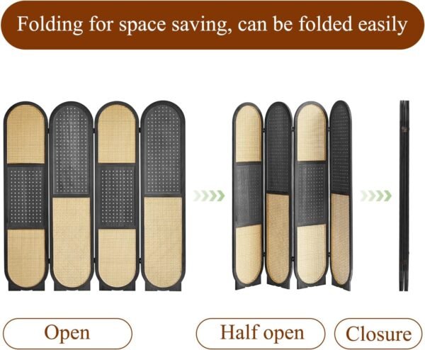 Pegboard Room Divider Panel, Rattan Room Dividers and Folding Privacy Screens, 4 Panel Pegboard Display with 16 Hooks, Wood Room Divider Wall for Jewelry Store, Bazaar, Bedroom, Black - Image 7