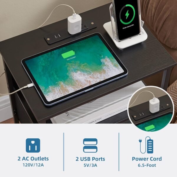 Somdot Black Nightstand with Charging Station and LED Light for Bedroom, Bedside Table End Table for Dorm Living Room Bedside Nursery Laundry Closet Entryway Hallway, Black - Image 5